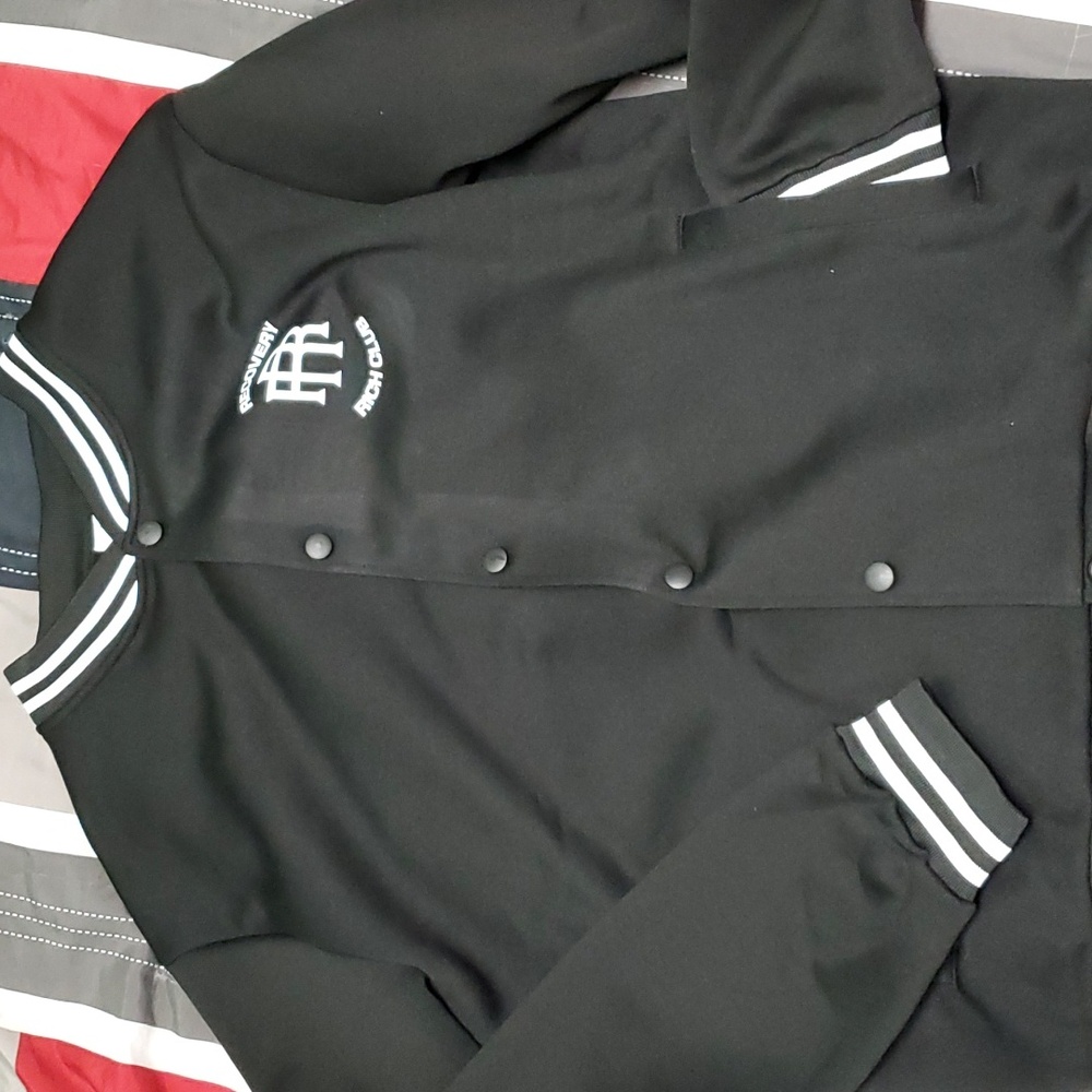 Black and white Recovery Rich baseball varsity jacket XL